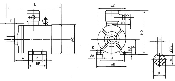 YB2防爆電機(jī)的B3結(jié)構(gòu)和機(jī)座帶底腳,端蓋無(wú)凸緣